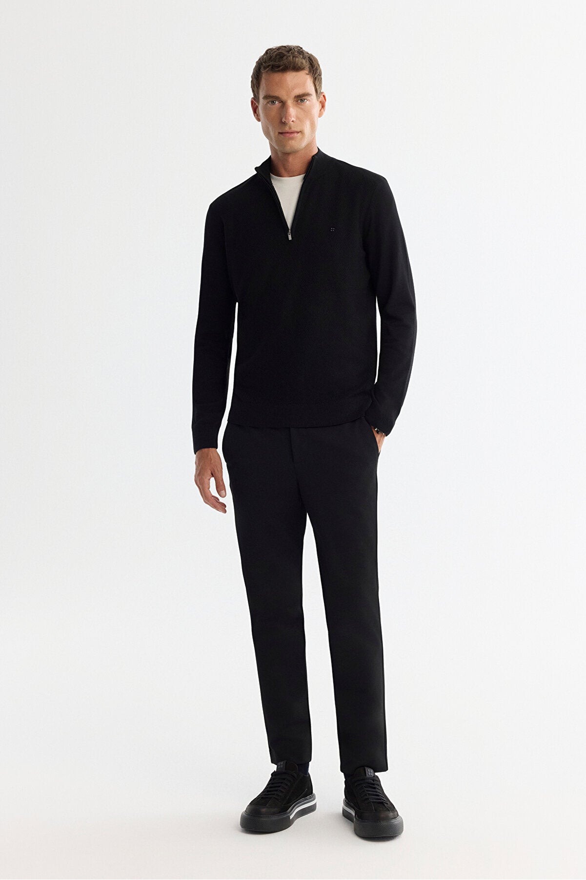 Erkek Siyah Fermuarlı Dik Yaka Soft Touch Triko Regular Fit Kazak A42Y5056