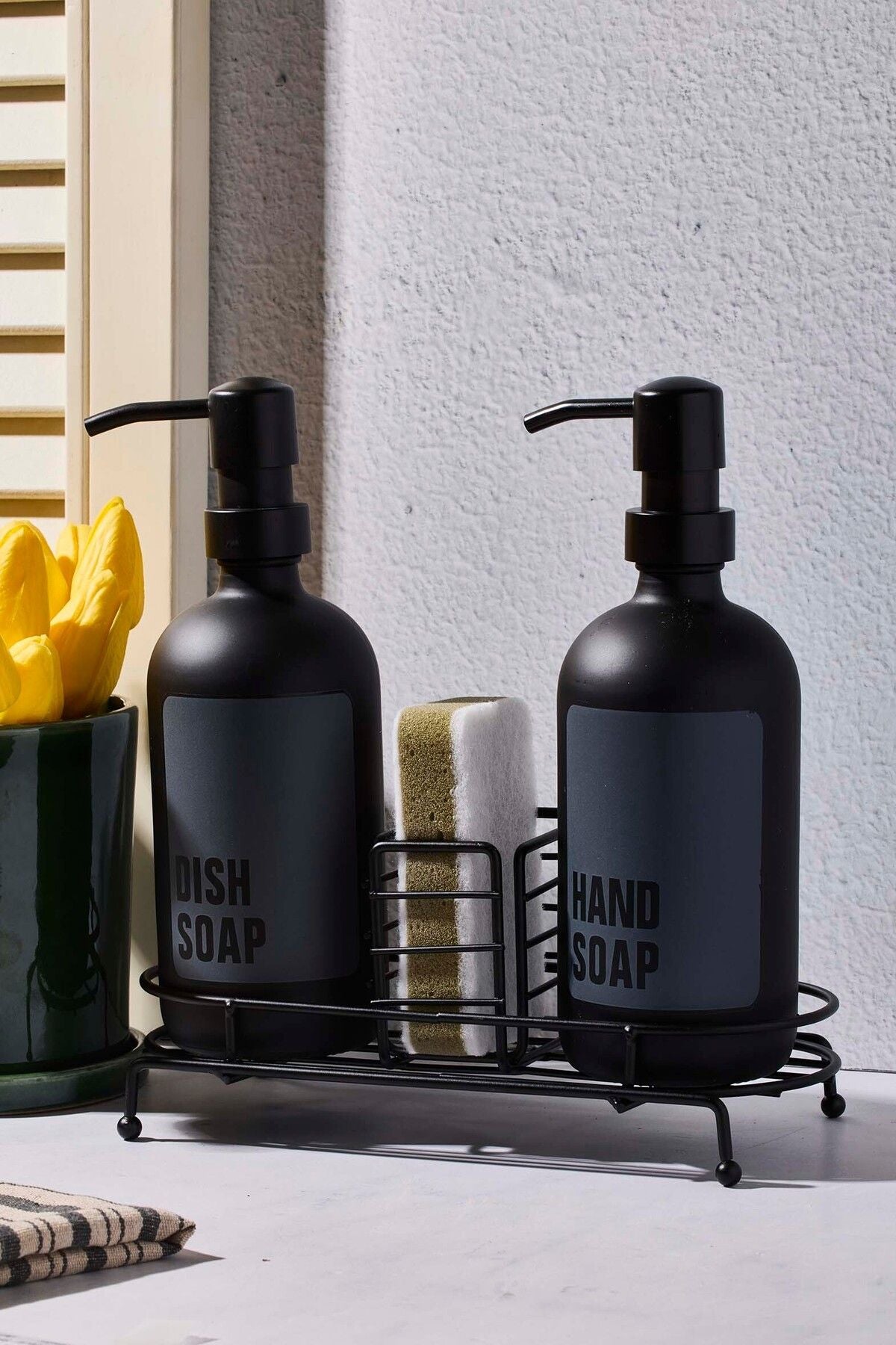 2 Pcs Matte Black Kitchen Liquid Soap Dispenser Glass With Lossy Metal Stand
