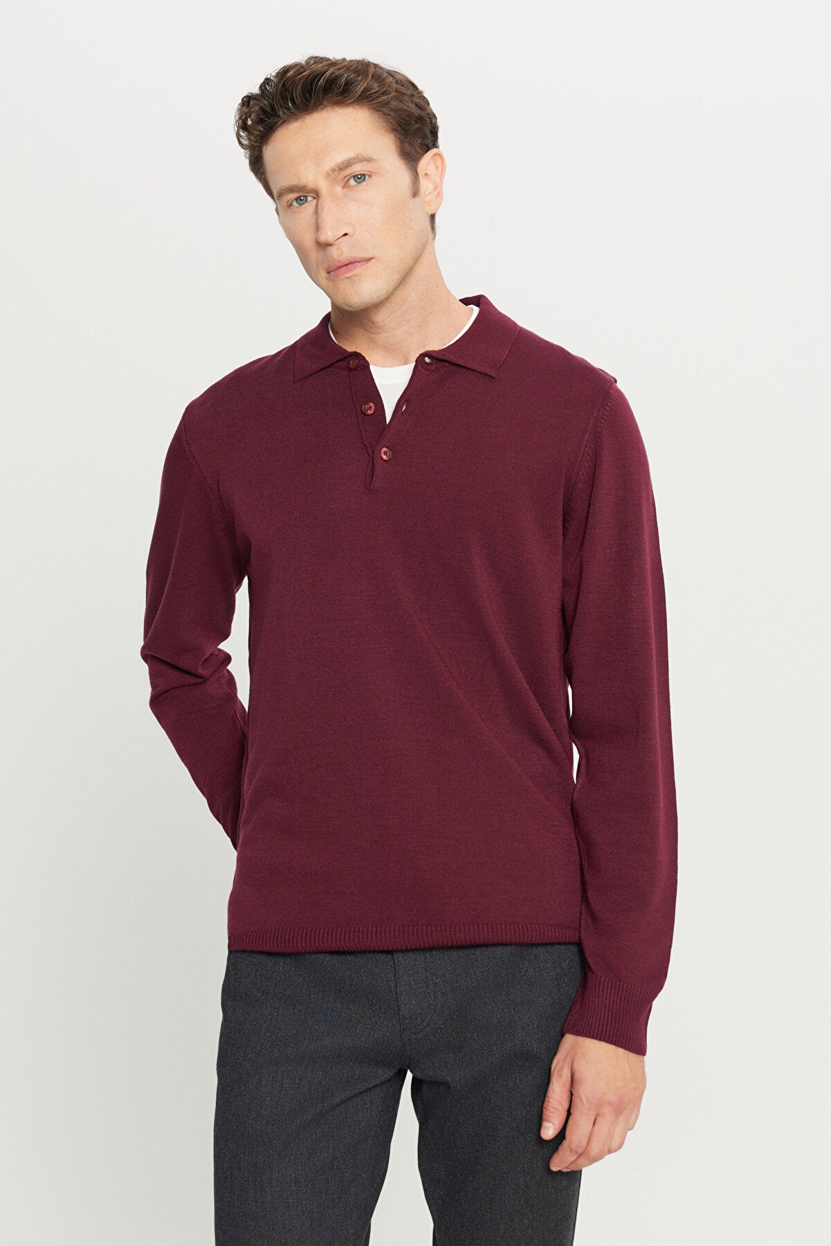 Men's Burgundy Anti-Pilling Anti Pilling Fabric Standard Fit Polo Collar Sweater