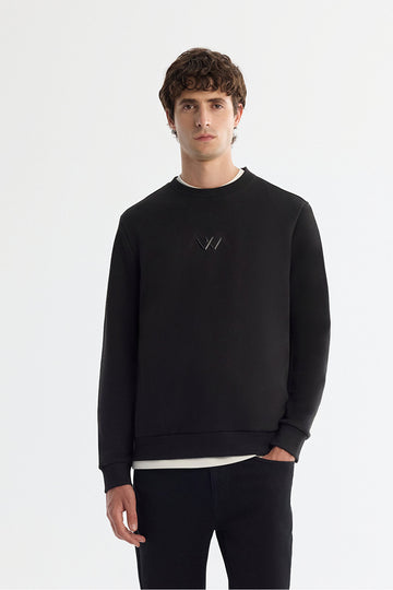 Erkek Siyah Bisiklet Yaka Pamuklu Şardonlu Baskılı Regular Fit Sweatshirt B001033