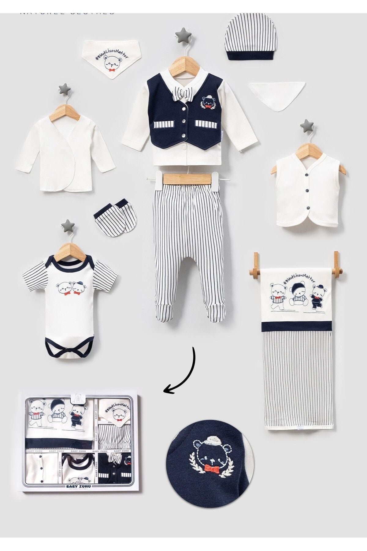 Boxed - Men's Newborn Clothes 10 Pack Hospital Outlet Sets 100% Cotton With Strainer Teddy Bear Embroidery
