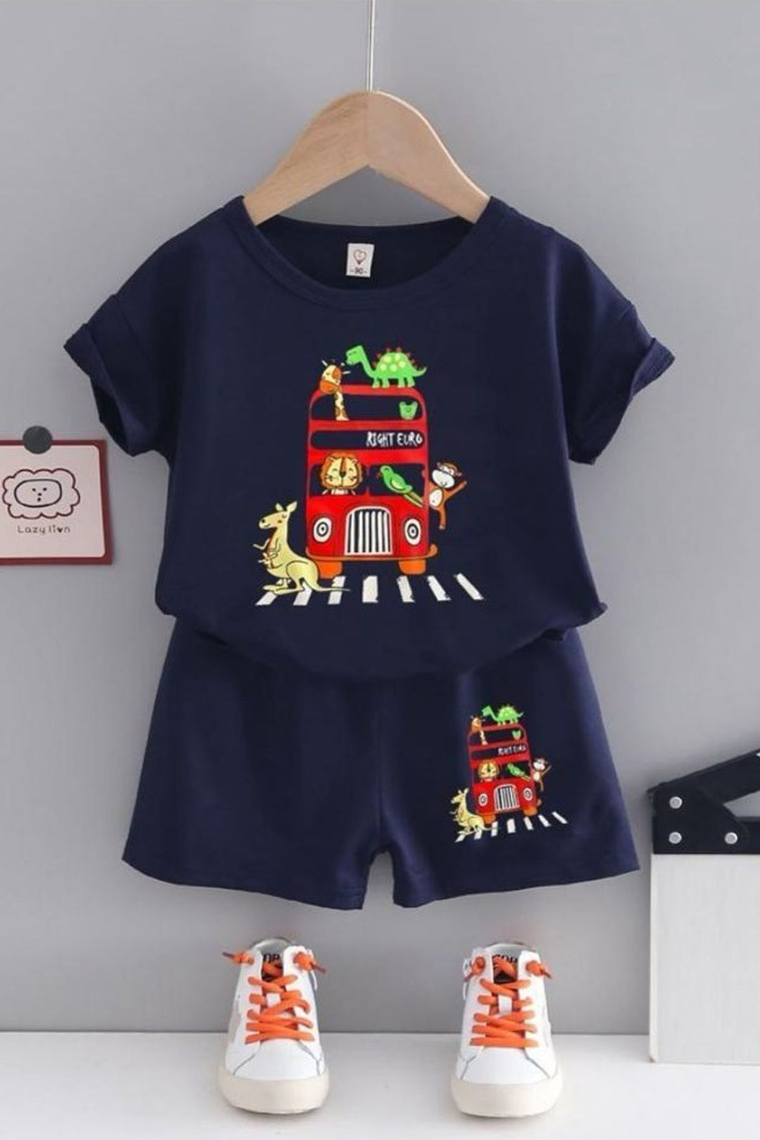 Cotton Animals Alemli Bus Detailed Summer Baby Shorts Suit-Navy