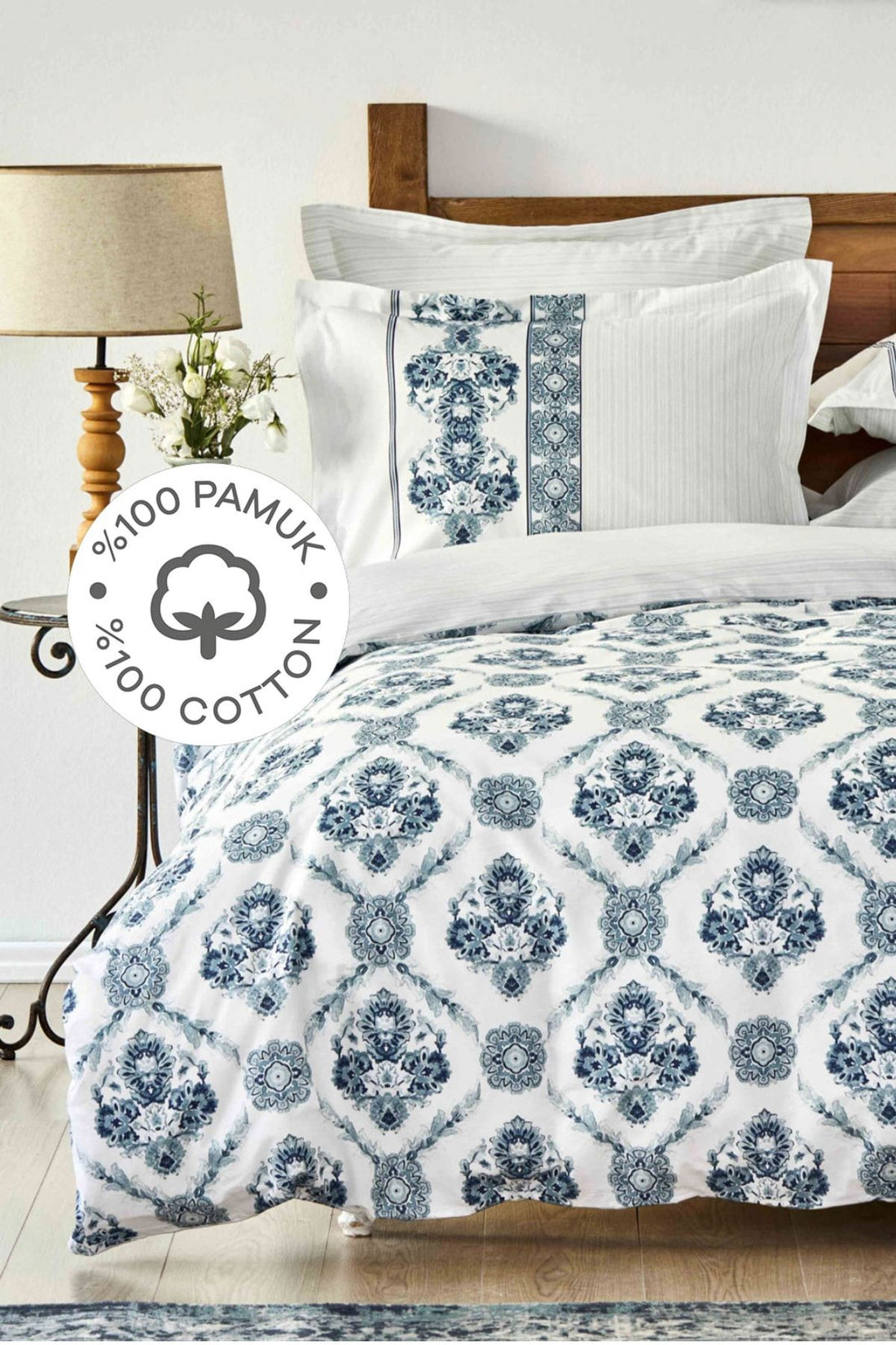 Vivane Blue 100% Cotton Double Size Duvet Cover Set