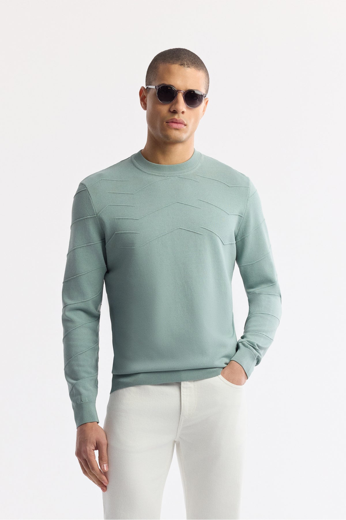 Erkek Nil Yeşili Bisiklet Yaka Dokulu Rayon Triko Regular Fit Kazak A51Y5022