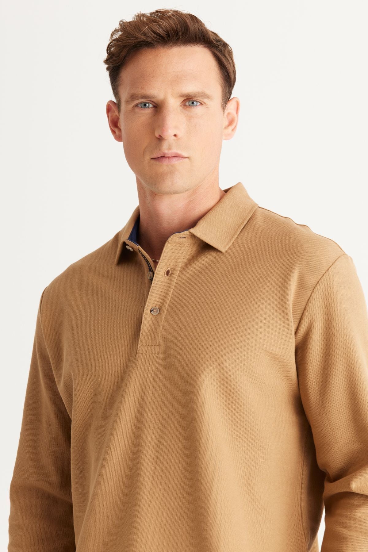 Men's Camel Slim Fit Slim Fit Polo Neck 100% Cotton Honeycomb T-Shirt