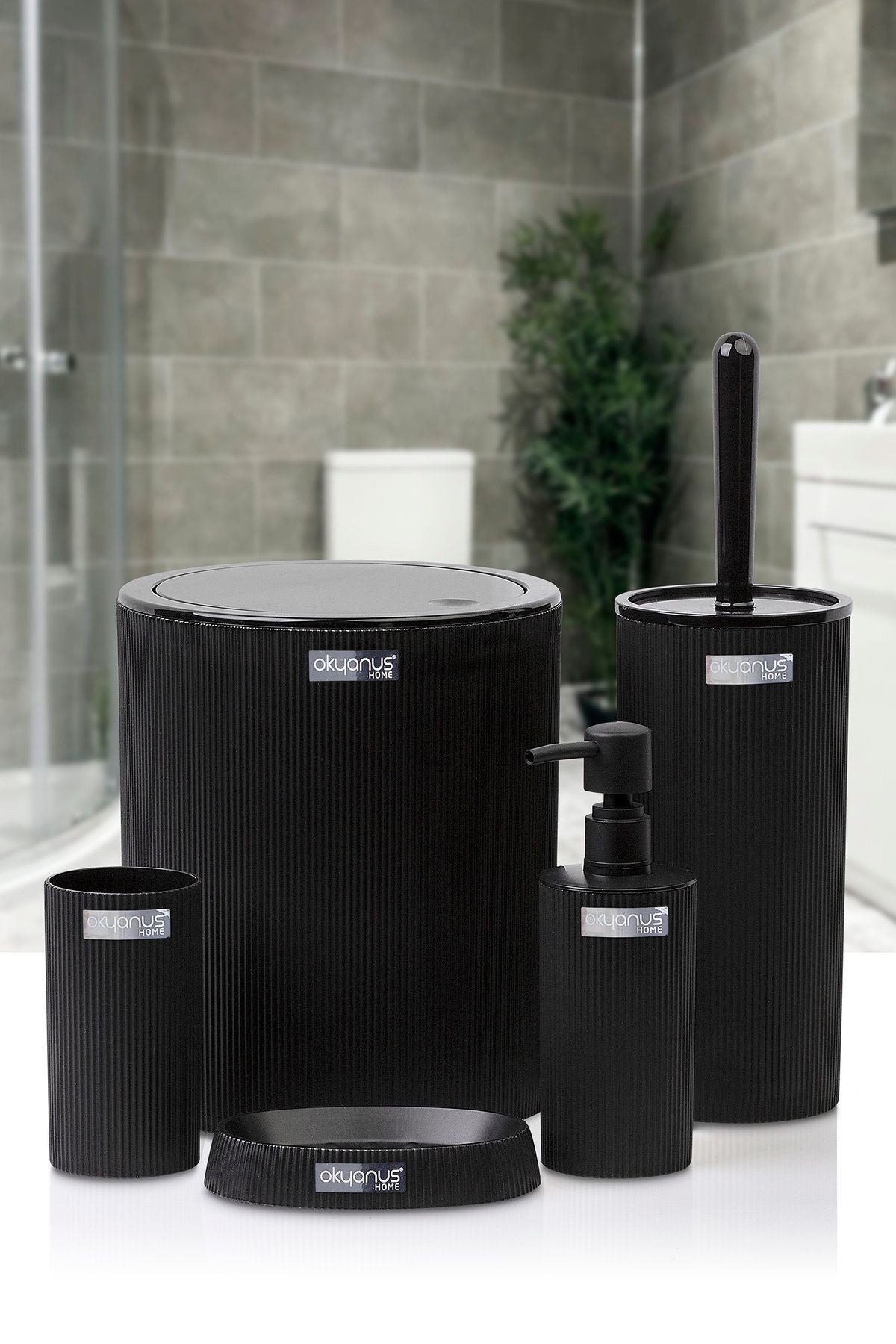 Mina Black Striped Round Bathroom Set