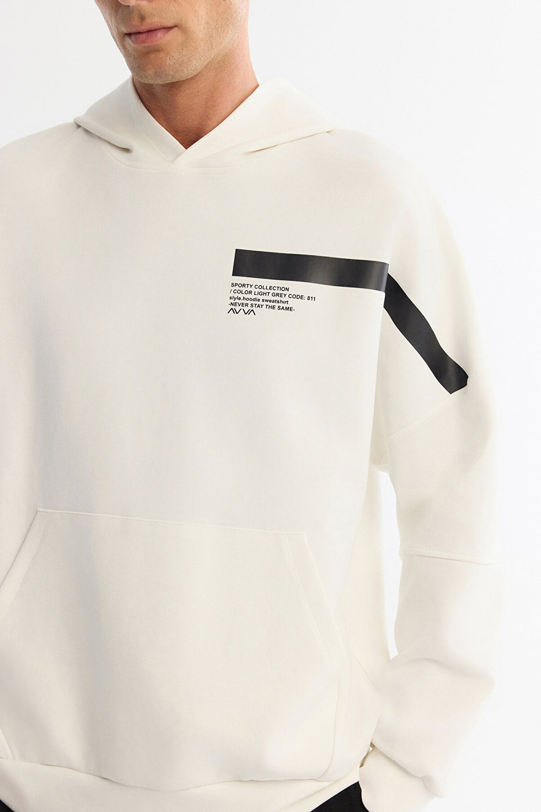 Erkek Ekru Kapüşonlu Pamuklu Baskılı Elastan Oversize Fit Sweatshirt A42Y1289