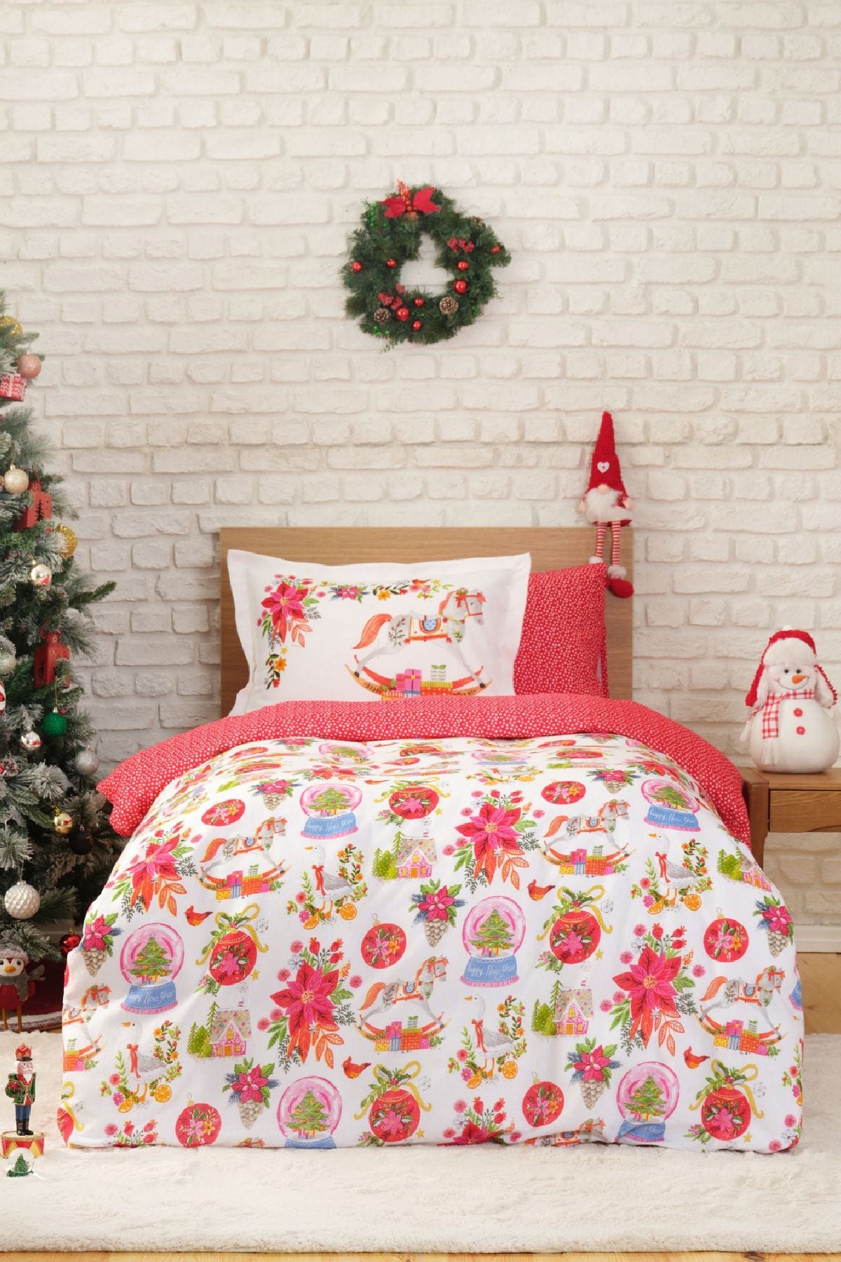 New Year New Year Young Snow Globe 100% Cotton Single Size Flannel Duvet Cover Set