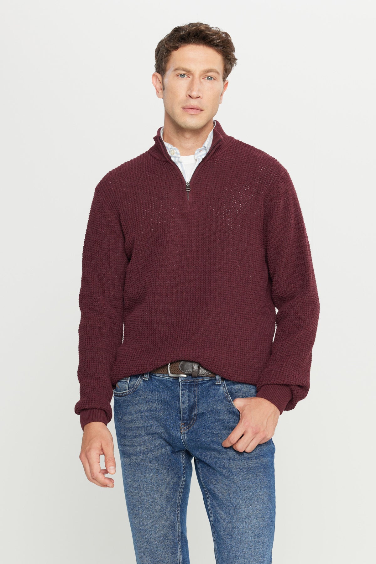 Men's Burgundy Cotton Standard Fit Regular Fit Bato Collar Jacquard Knitwear Sweater
