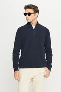 Men's Navy Blue Cotton Zipper Bato Collar Jacquard Standard Fit Regular Fit Sweater Sweater