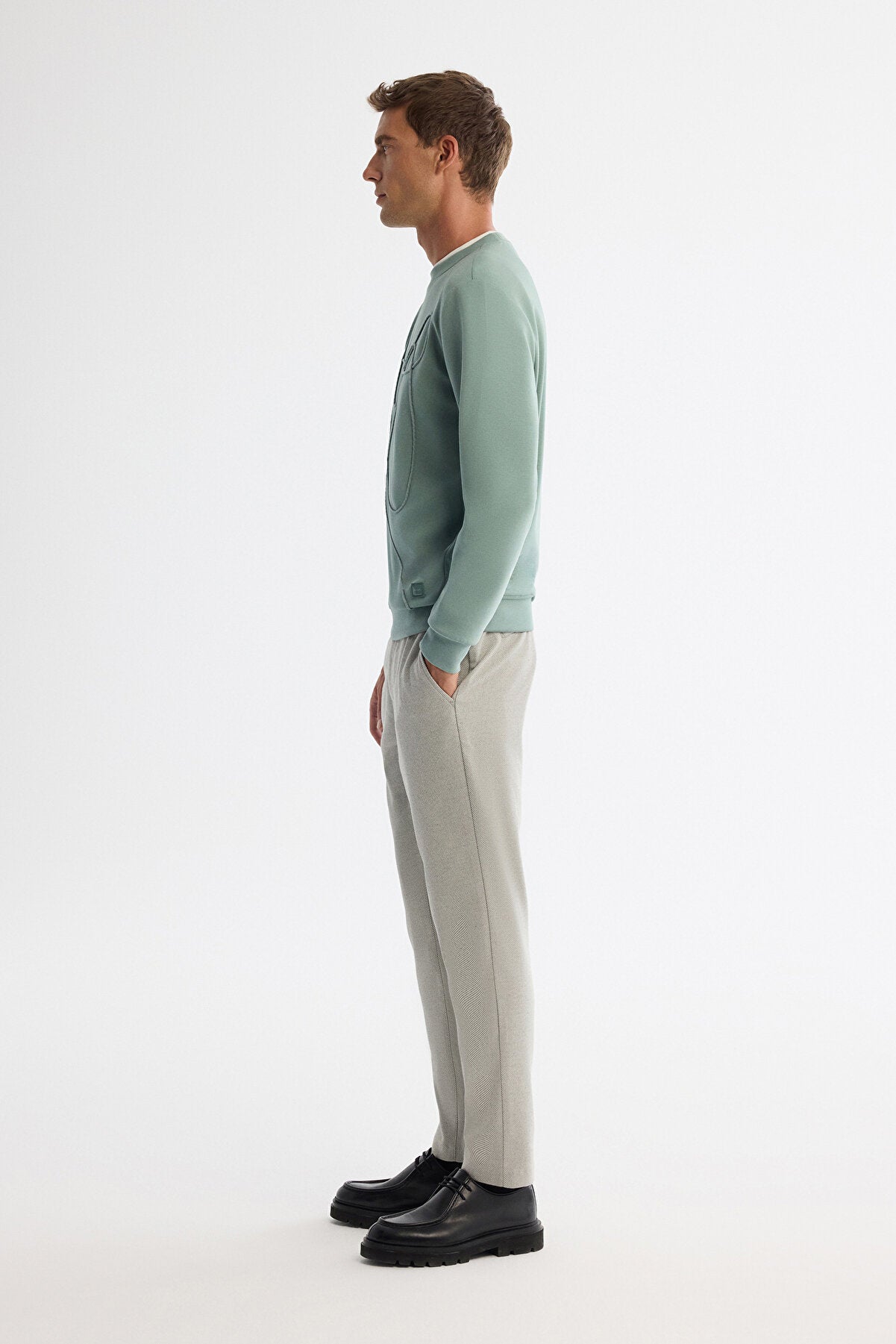 Erkek Mint Yeşil Bisiklet Yaka Pamuklu Nakışlı Regular Fit Sweatshirt A42Y1247