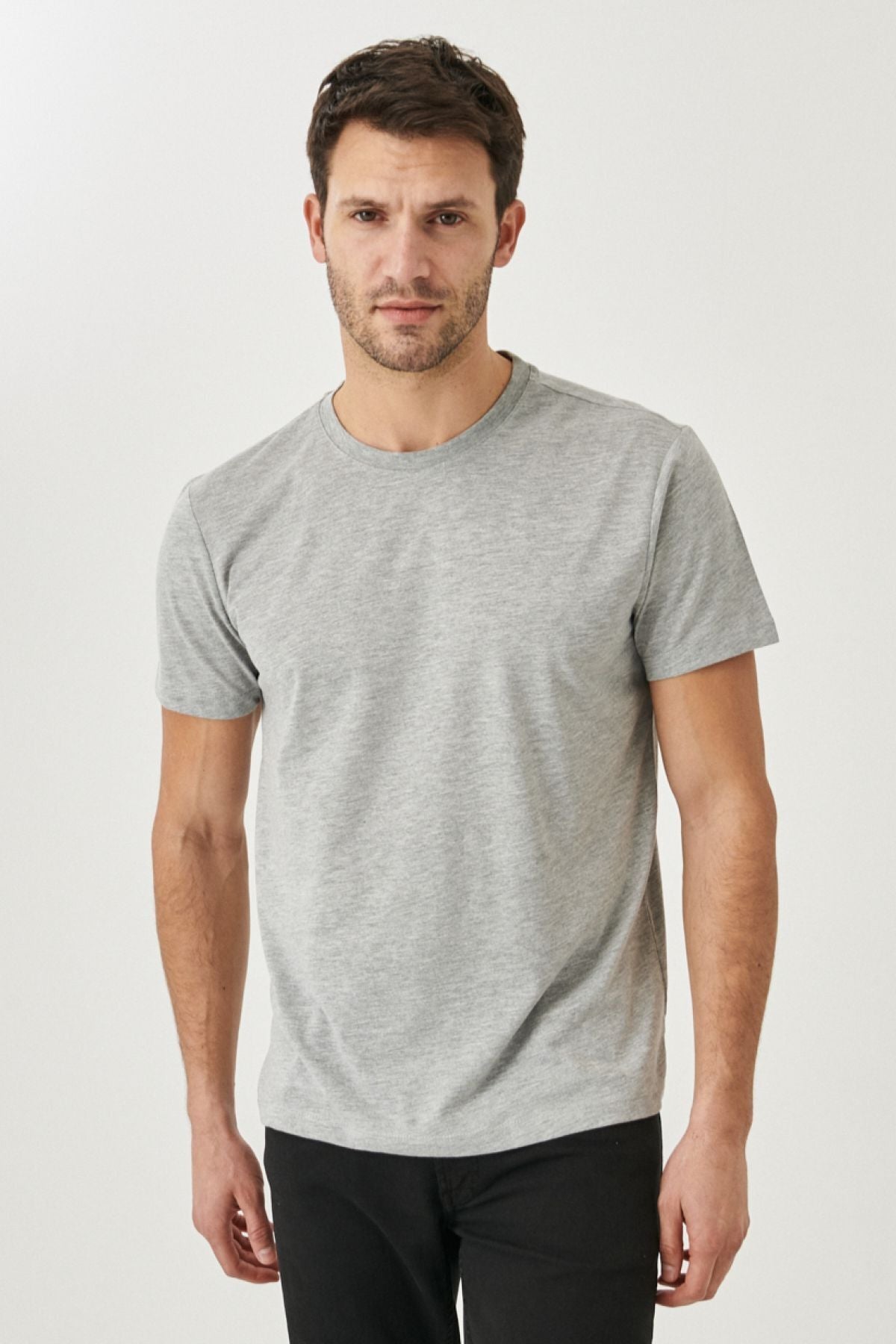 Men's Grey Melange Cotton Slim Fit Slim Fit Crew Neck Basic T-Shirt