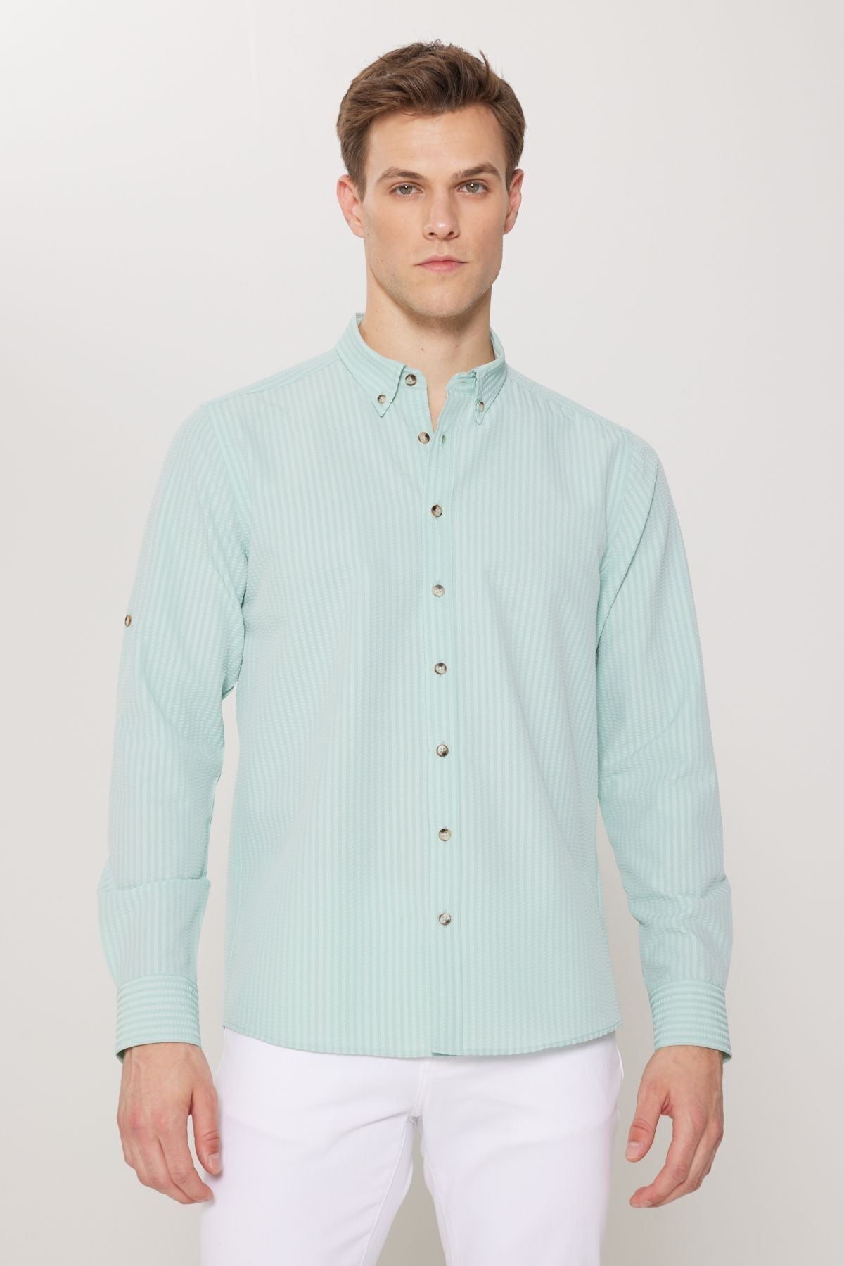 Men's Mint Anti-Wrinkle Technical Oxford Wafer Pattern Slim Fit Slim Fit Buttoned Collar Stretch Shirt