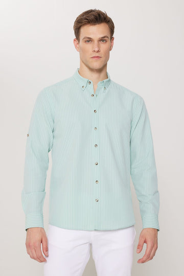 Men's Mint Anti-Wrinkle Technical Oxford Wafer Pattern Slim Fit Slim Fit Buttoned Collar Stretch Shirt