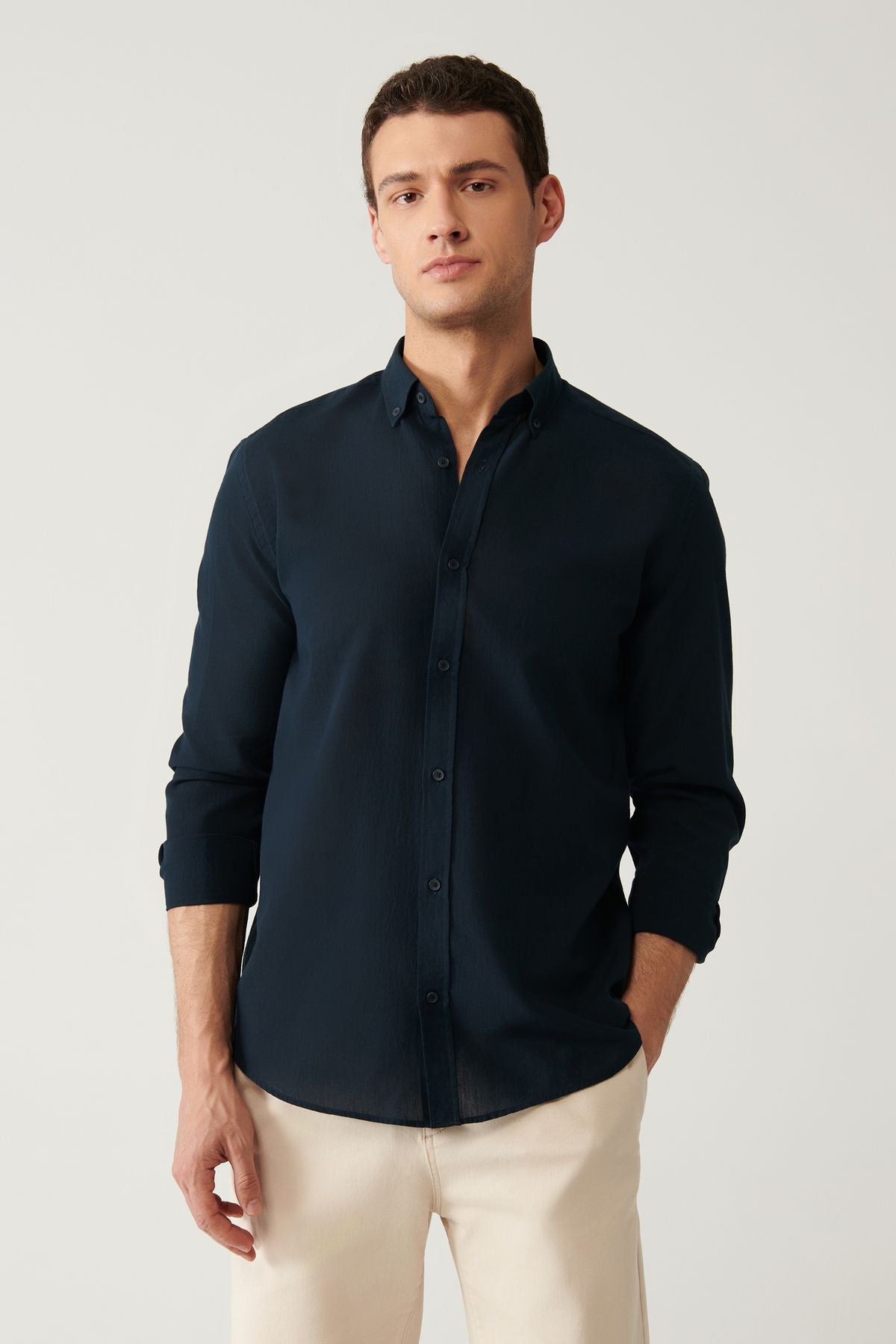 Men's Navy Blue Shirt 100% Cotton Slim Soft Buttoned Collar Long Sleeve Regular Fit E002206