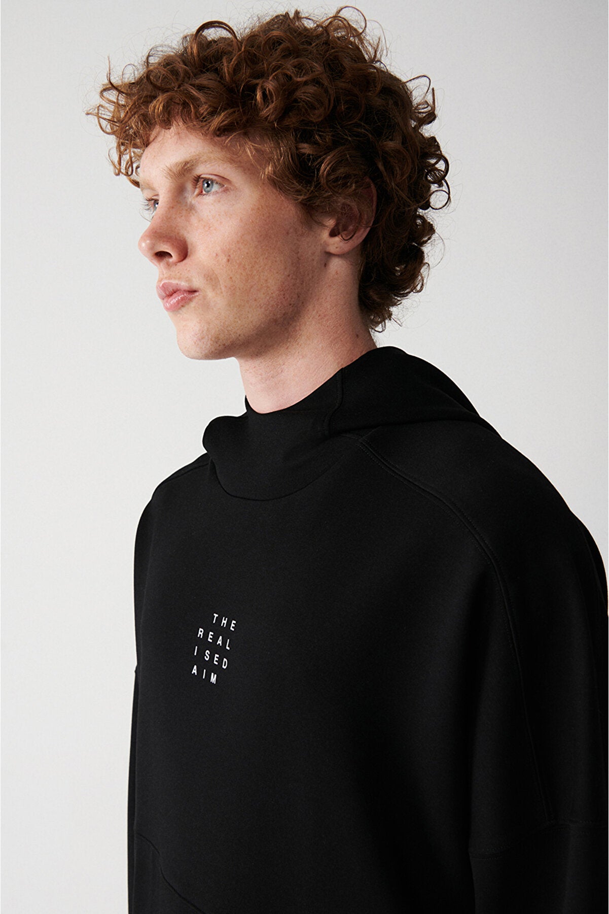 Men's Black Interlock Fabric Hooded Collar Printed Kangaroo Pocket Sweatshirt A32Y1280