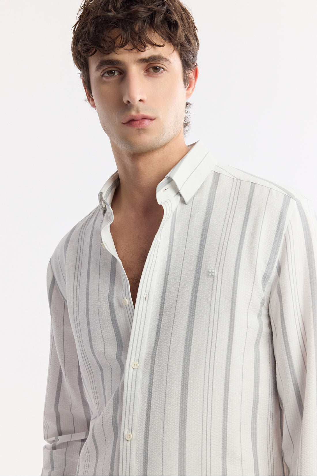 Erkek Gri Alttan Britli Yaka Gofreli Çizgili Regular Fit Gömlek A51Y2094
