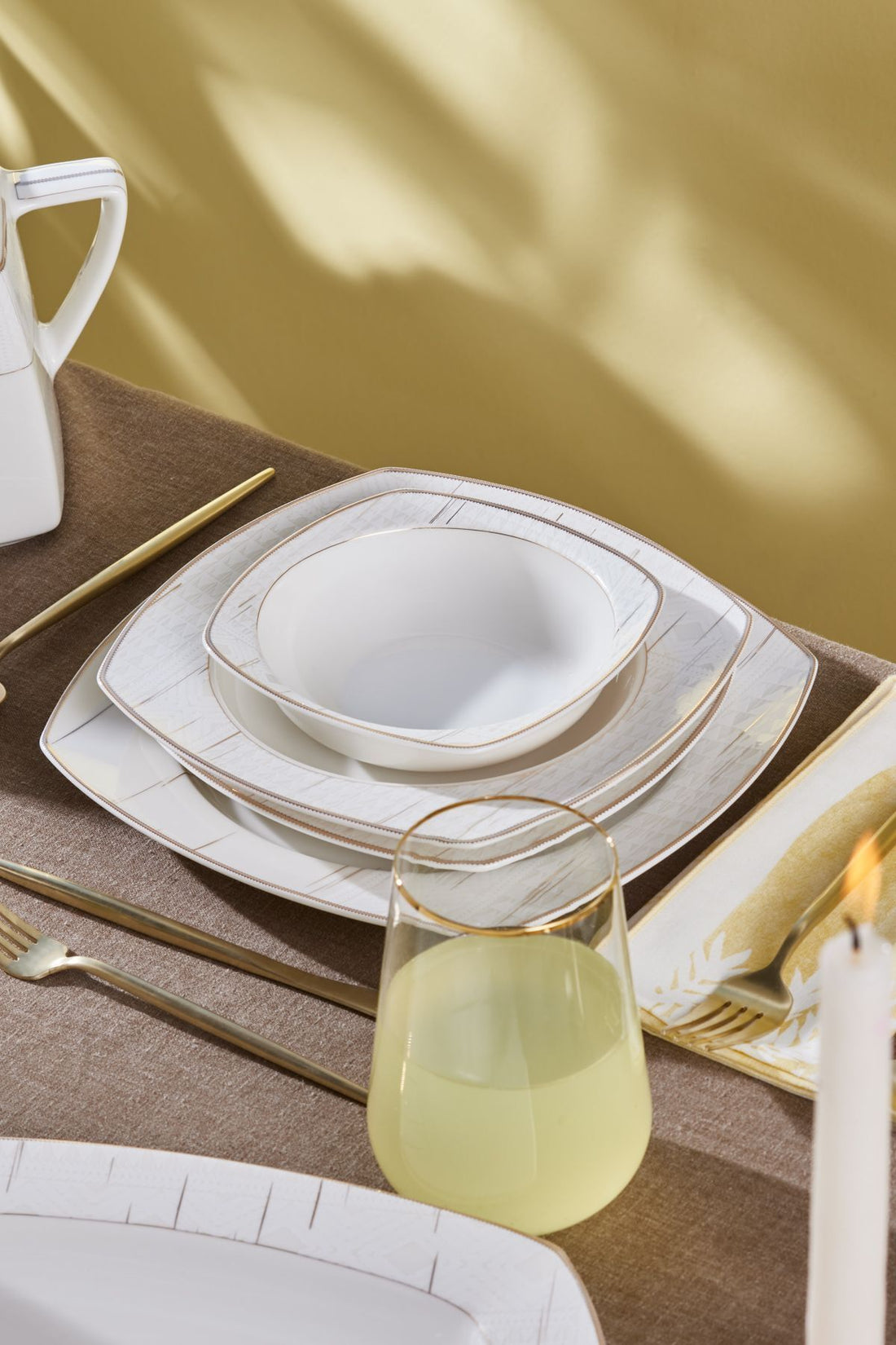 Square Bone Tie 60 Pieces 12 Seater Dinner Set Gold