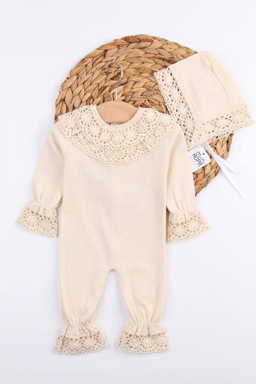 Mini Ropa - Organic Lace Baby Girl Jumpsuit with Hat Hospital Outlet Lace Embroidered Gift Mevlüt Gown