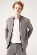 Men's Grey Round Neck Zipper Regular Fit Knitwear Cardigan A31y5101