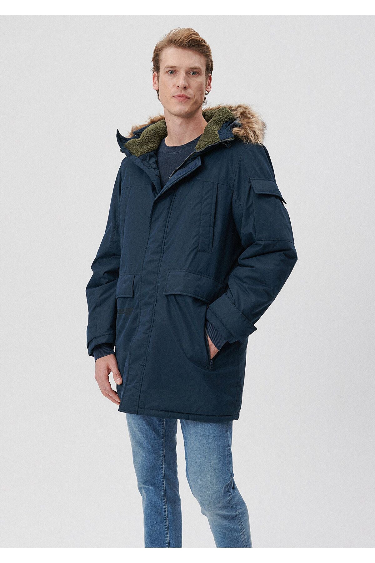 Navy Blue Long Parka Regular Fit/Regular Fit with Fur Collar 0110105-70490