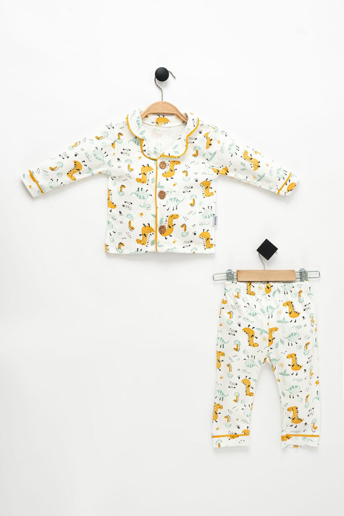Boys' Dino Printed Long Sleeve Baby Collar 100% Cotton Pajama Set 1-4 Years