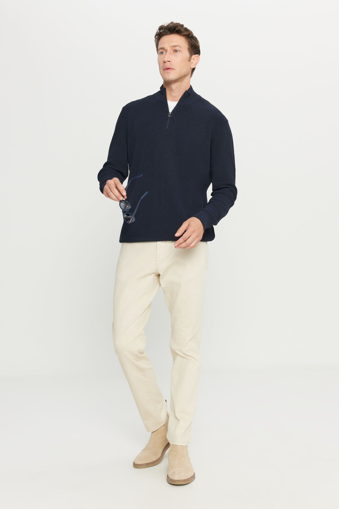 Men's Navy Blue Cotton Zipper Bato Collar Jacquard Standard Fit Regular Fit Sweater Sweater