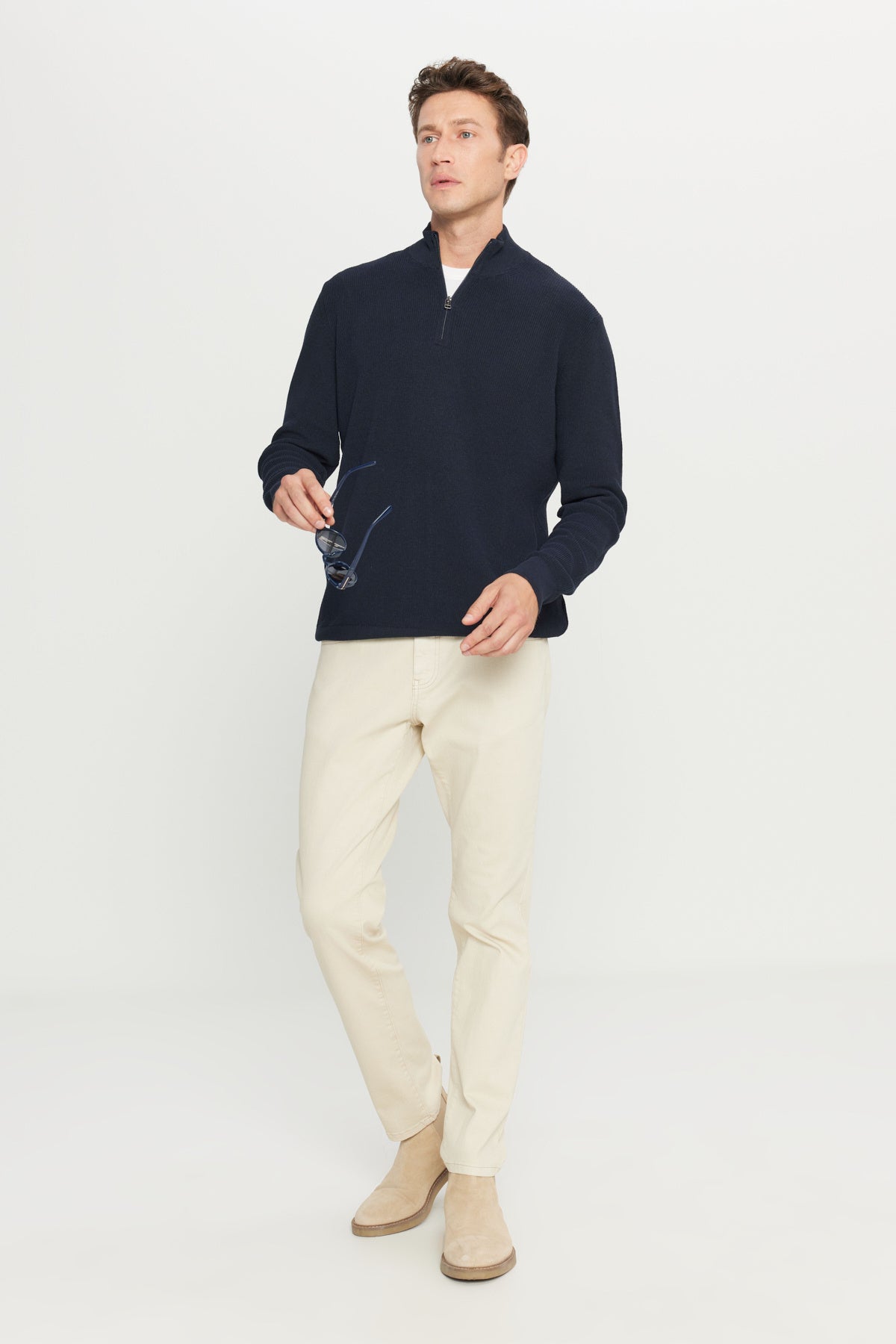 Men's Navy Blue Cotton Zipper Bato Collar Jacquard Standard Fit Regular Fit Sweater Sweater