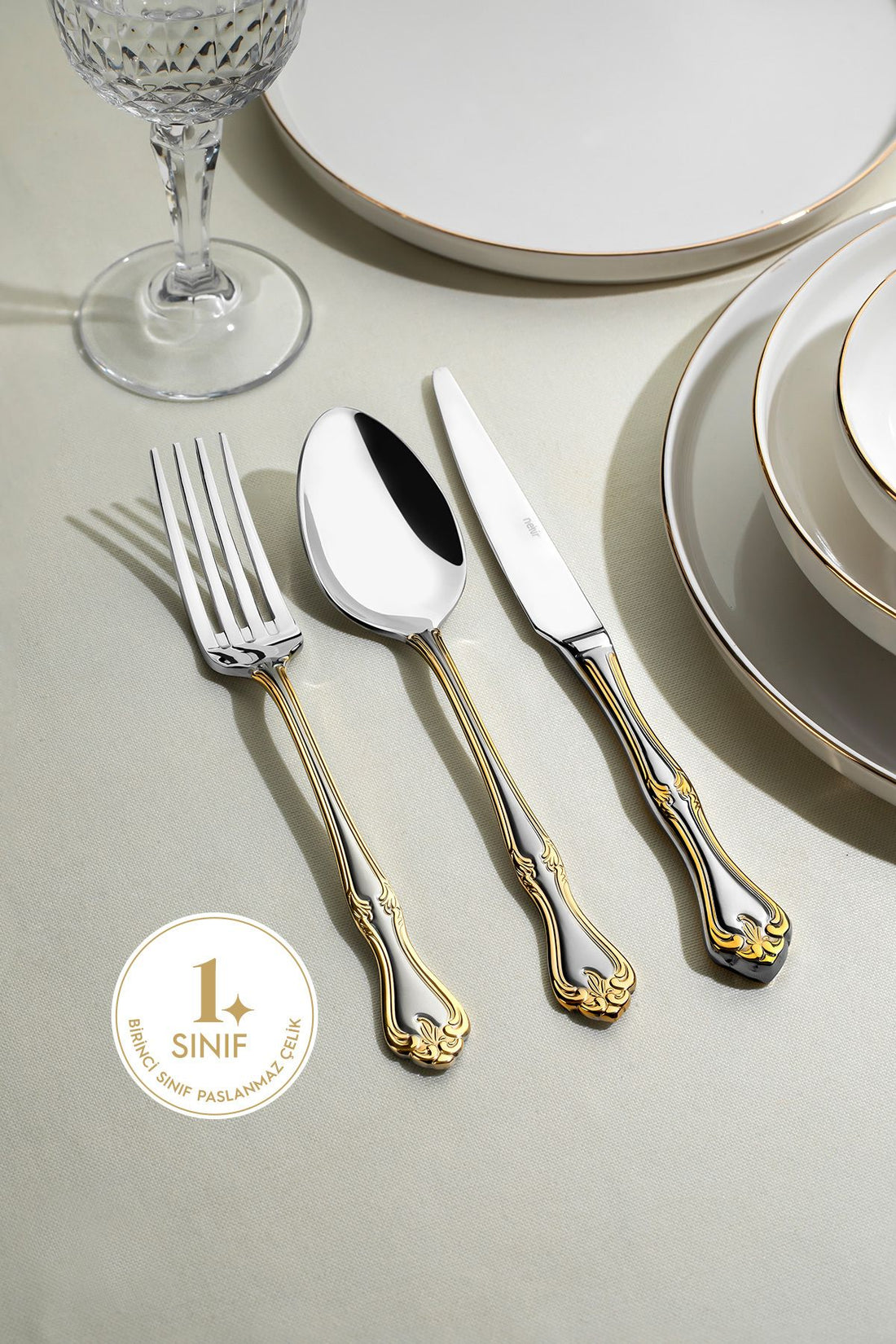 Lalezar Gold Satin 12 Seater 84 Piece Box Fork Spoons Knife Set
