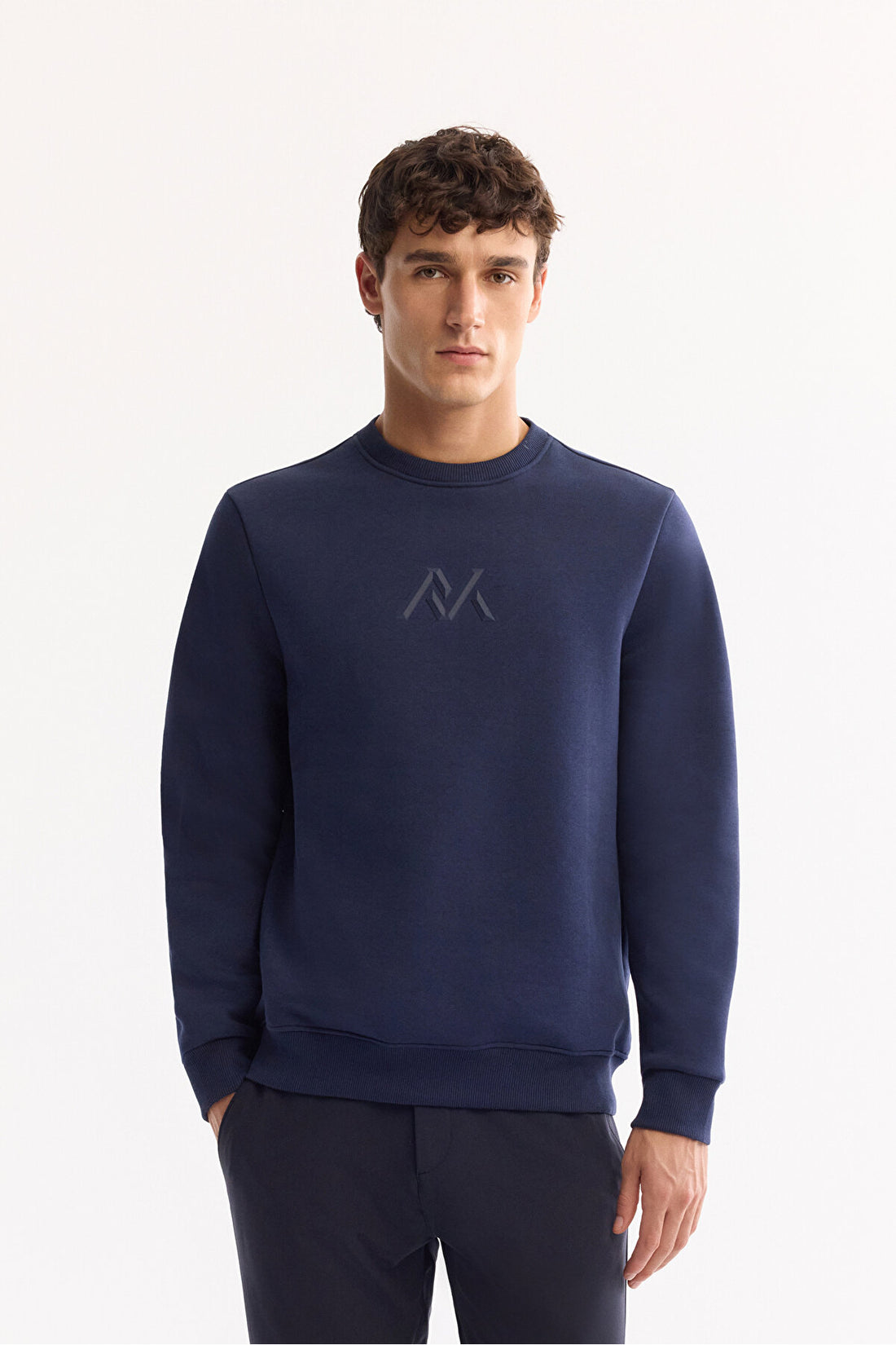 Erkek Lacivert Bisiklet Yaka Pamuklu Şardonlu Baskılı Regular Fit Sweatshirt A52Y1327