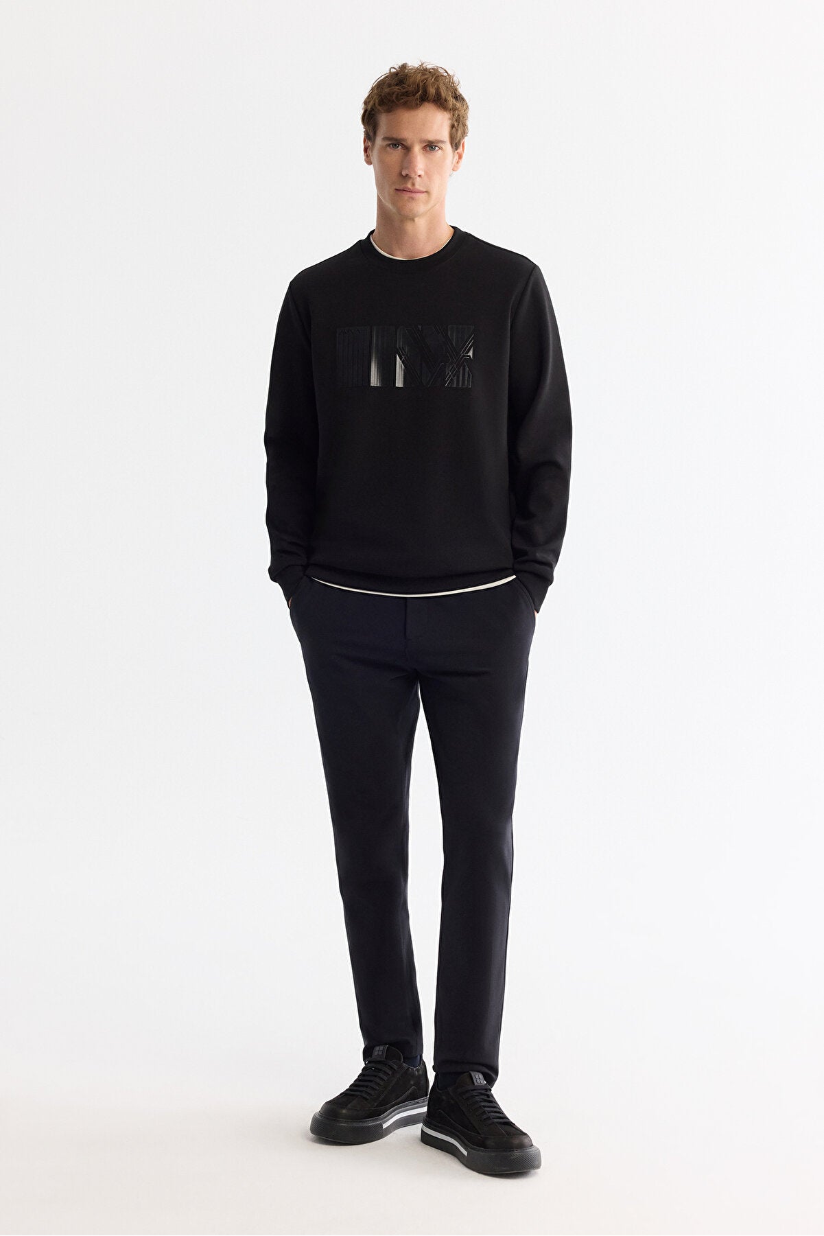 Erkek Siyah Bisiklet Yaka Pamuklu Baskılı Elastan Regular Fit Sweatshirt A42Y1215