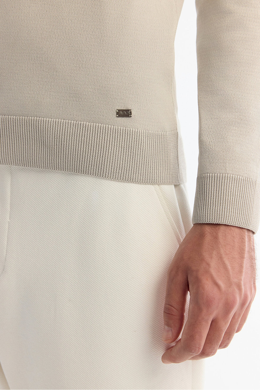 Erkek Açık Gri Fermuarlı Polo Yaka Blok Renkli Triko Regular Fit Kazak A42Y5030