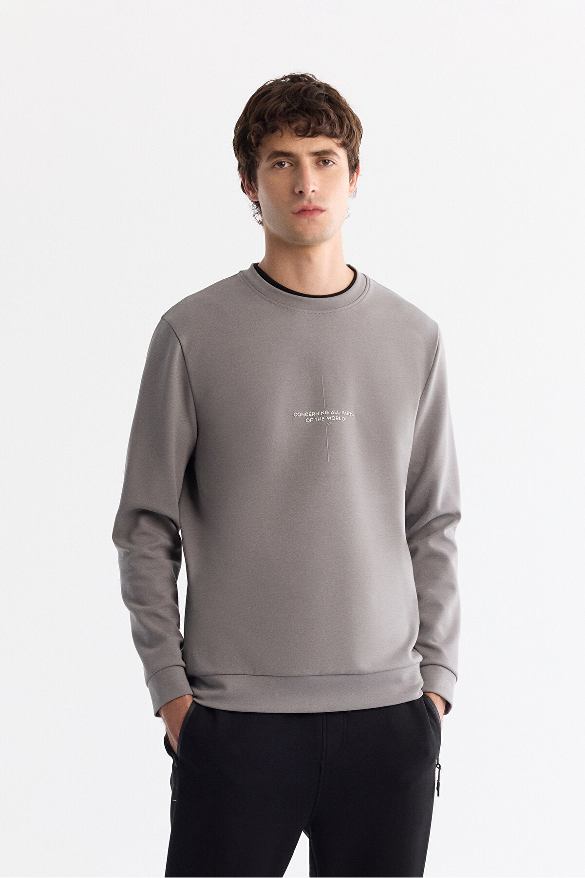 Erkek Gri Bisiklet Yaka Pamuklu Baskılı Elastan Regular Fit Sweatshirt A42Y1313