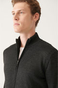 Men's Anthracite Wool Blended Half Zipper Round Neck Regular Fit Cardigan E005018