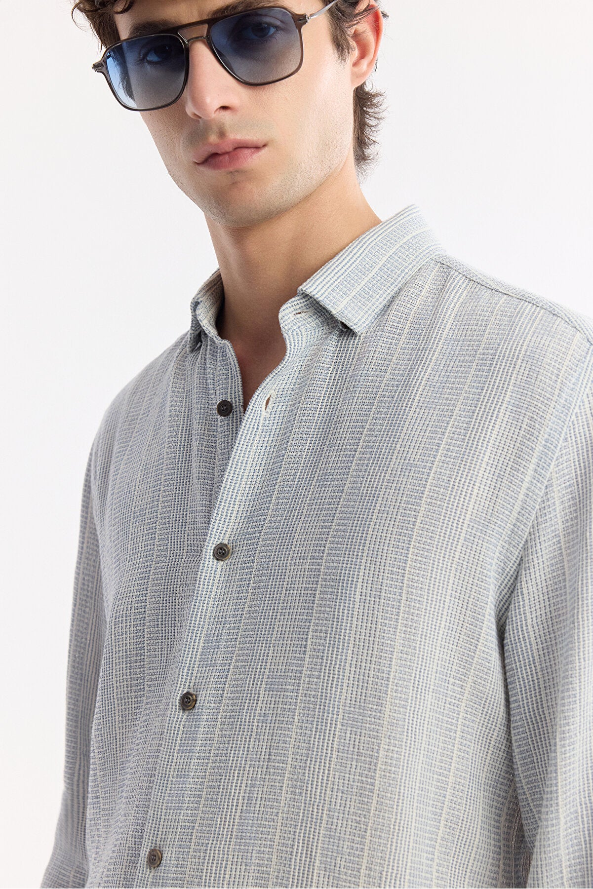 Erkek Mavi Alttan Britli Yaka %100 Pamuk Comfort Fit Gömlek A51Y2024