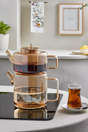 Flat Borosilicate Glass Teapot Amber