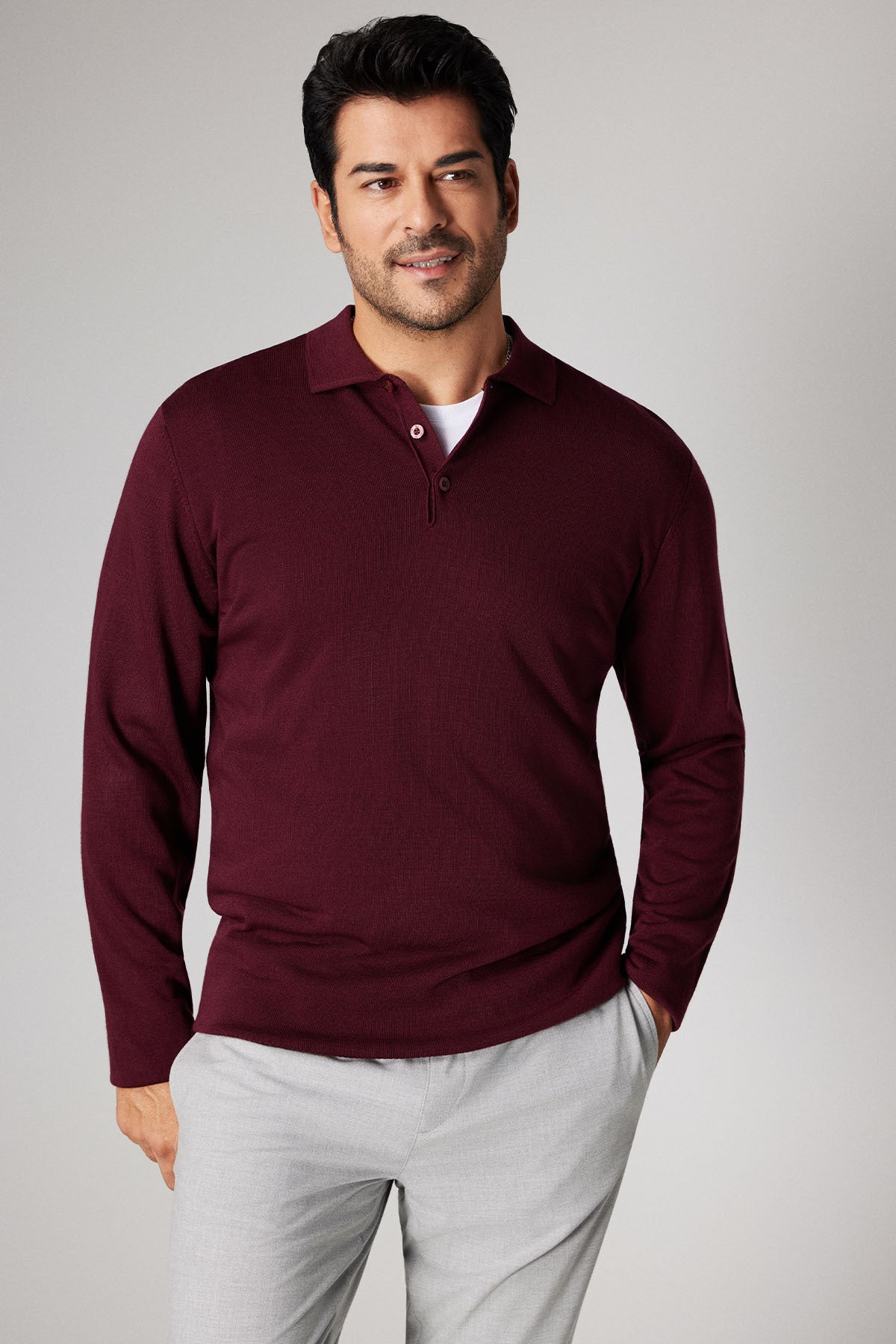 Men's Burgundy Anti-Pilling Anti Pilling Fabric Standard Fit Polo Collar Sweater