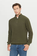 Men's Khaki Cotton Zipper Bato Collar Standard Fit Regular Fit Jacquard Knitwear Sweater