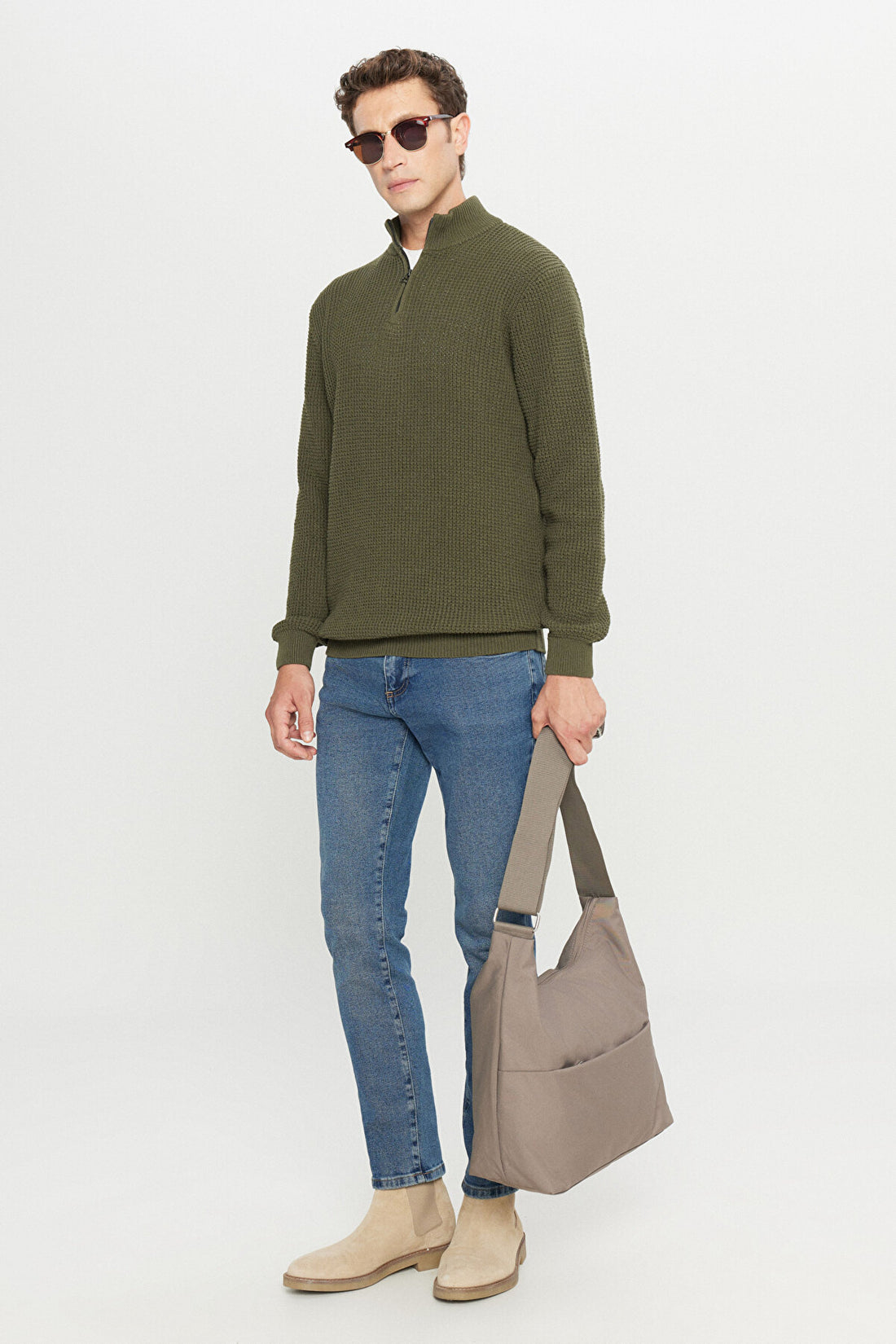 Men's Khaki Cotton Zipper Bato Collar Standard Fit Regular Fit Jacquard Knitwear Sweater