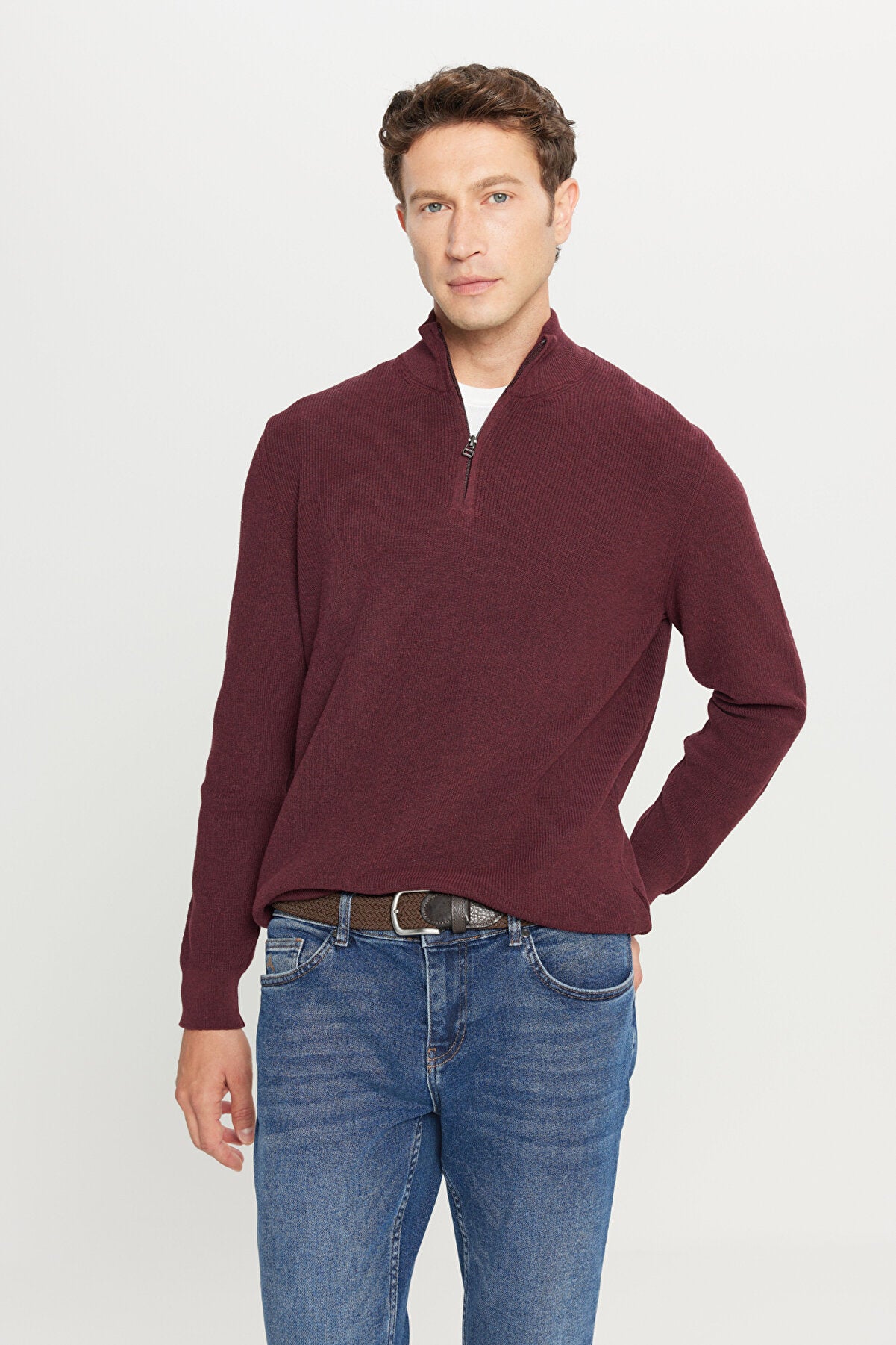 Men's Burgundy Cotton Zipper Bato Collar Jacquard Standard Fit Regular Fit Knitwear Sweater