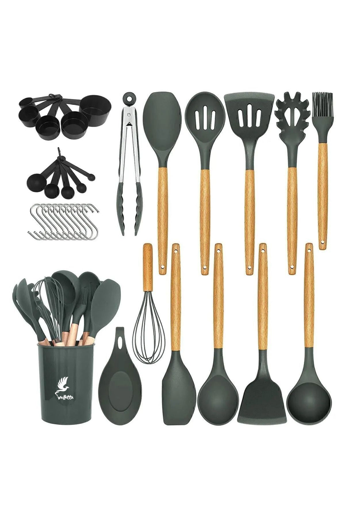 Mikla Heat Resistant Fireproof Non-stick 33 Piece Silicone Spatula Kitchen Set Grey