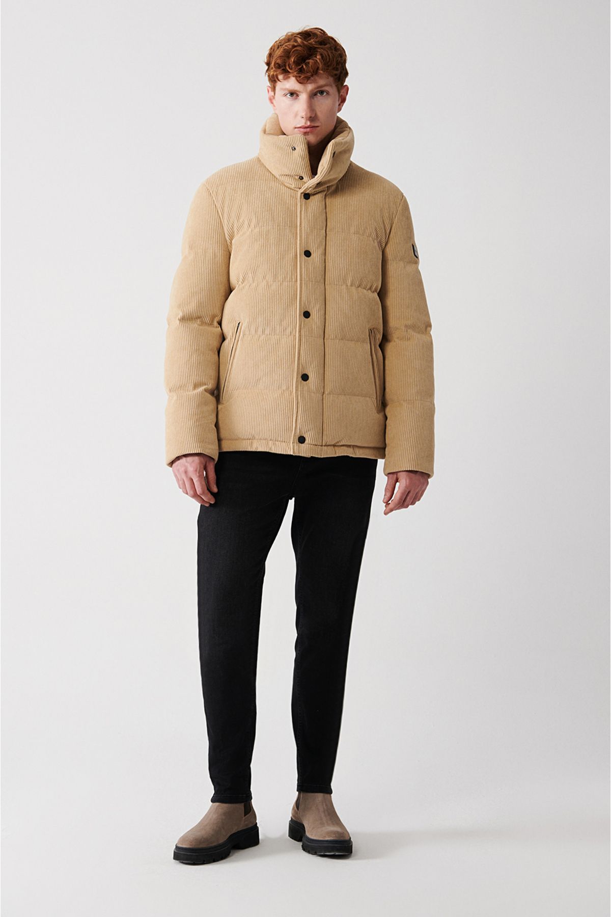 Men's Beige Stand Collar Polyester Garnished Velvet Inflatable Coat A32y6136