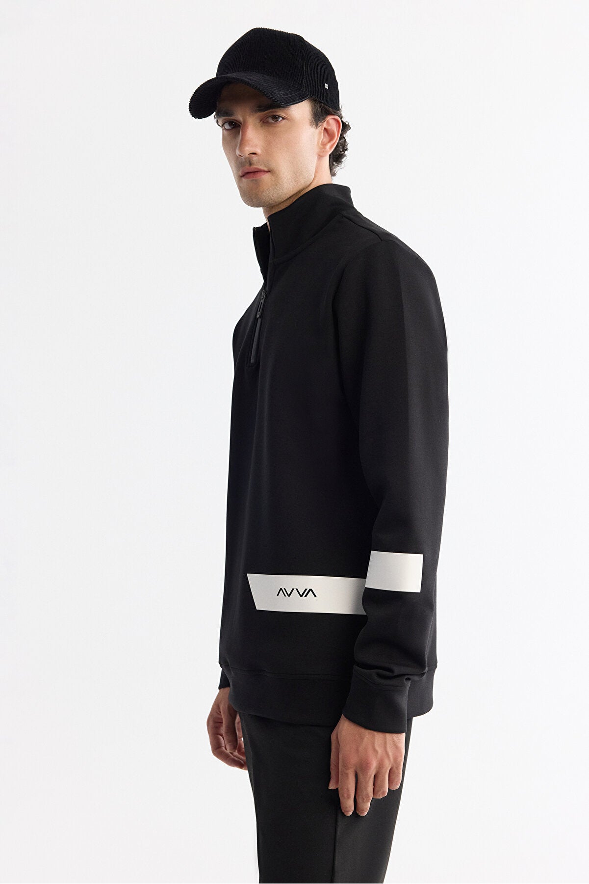 Erkek Siyah Dik Yaka Pamuklu Baskılı Elastan Regular Fit Sweatshirt A42Y1202