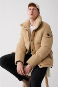 Men's Beige Stand Collar Polyester Garnished Velvet Inflatable Coat A32y6136