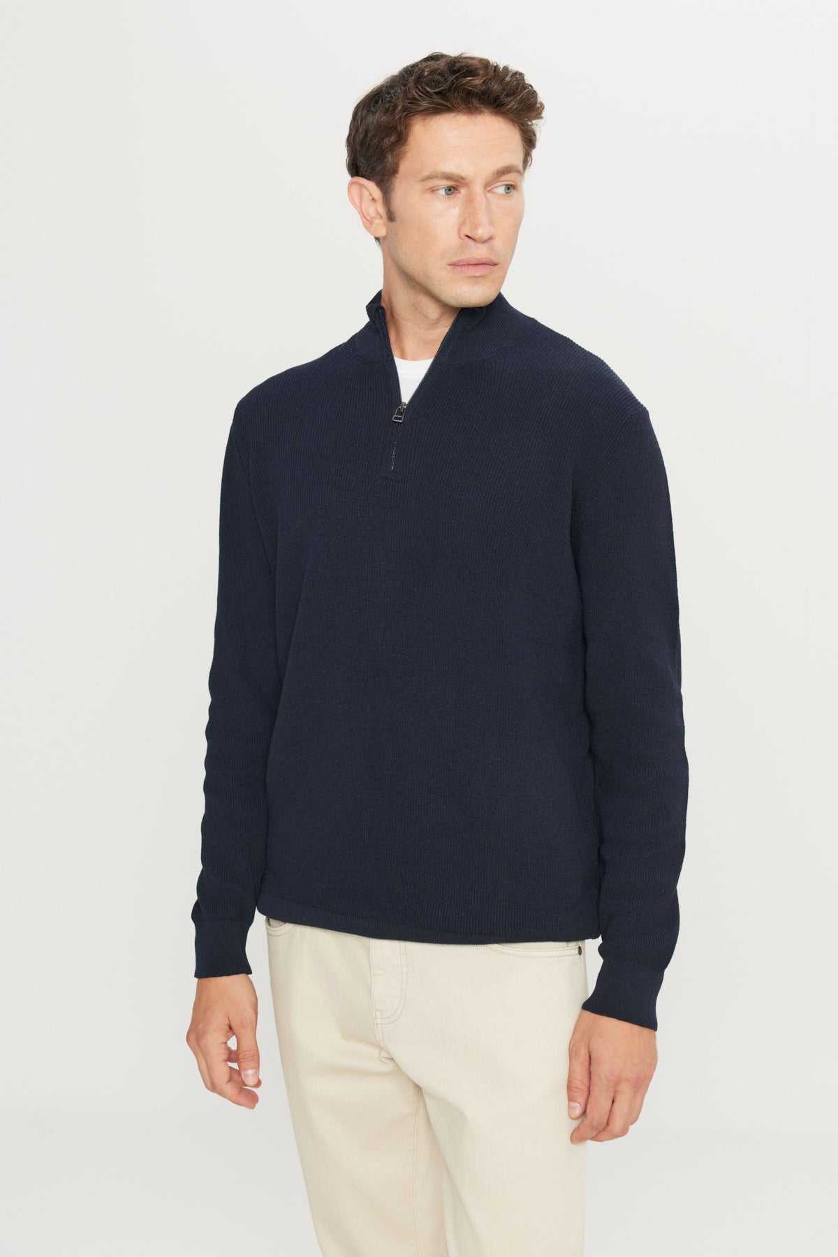 Men's Navy Blue Cotton Zipper Bato Collar Jacquard Standard Fit Regular Fit Sweater Sweater