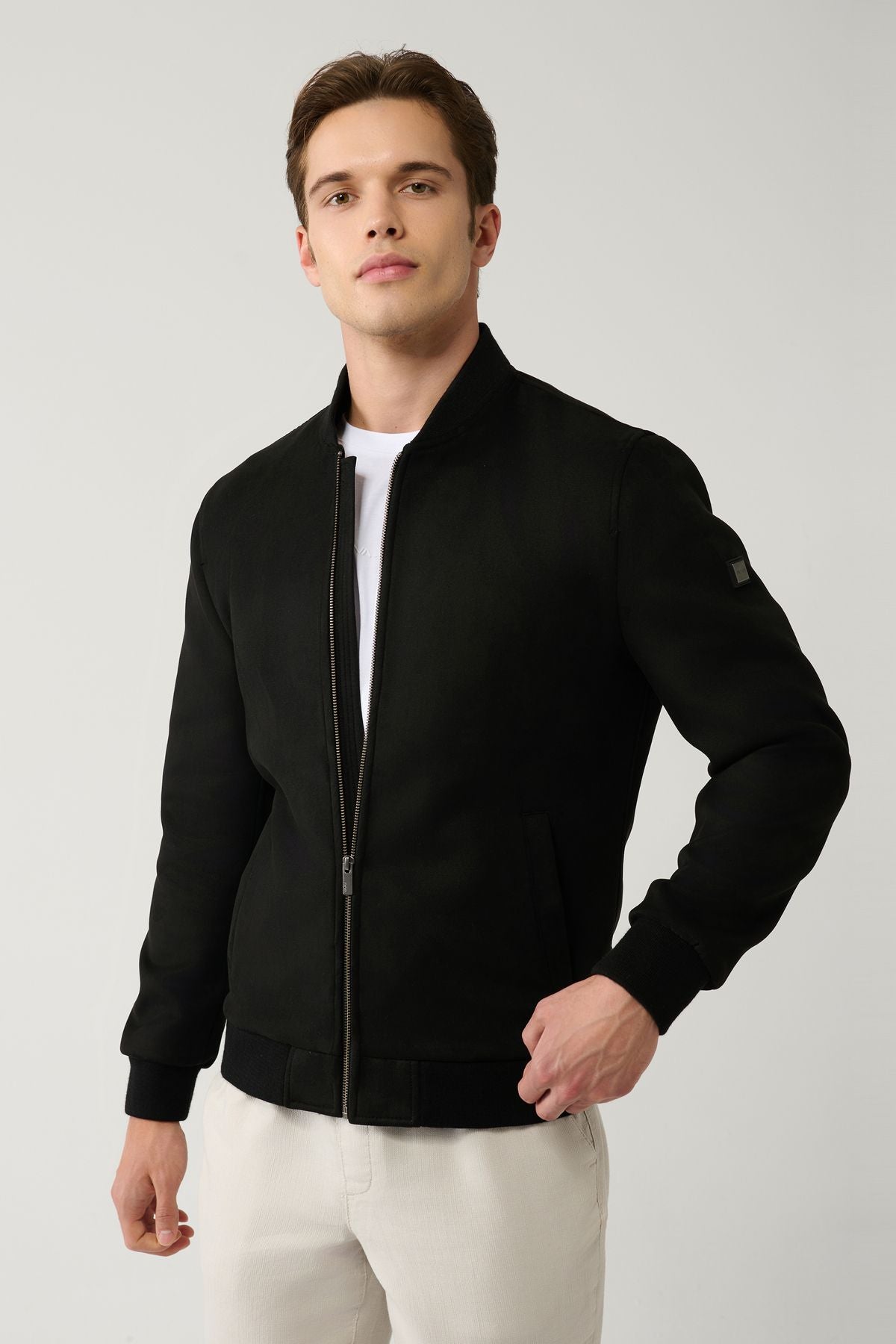 Men's Black Zipper Suede Look Bomber Slim Coat B006045