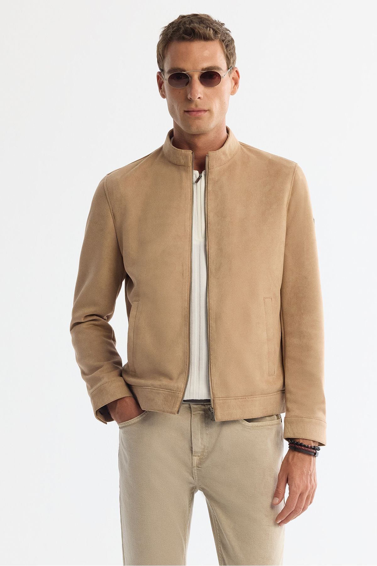Men's Beige Suede Textured Front Zipper Slim Coat B006002