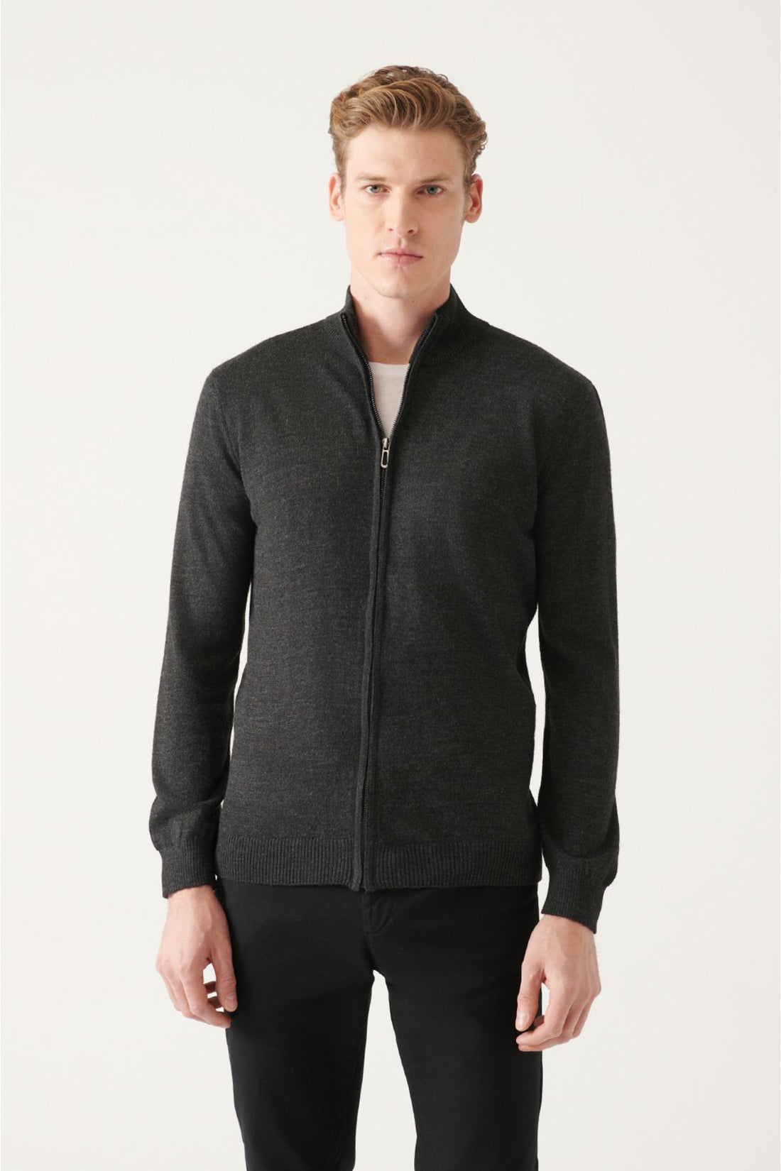 Men's Anthracite Wool Blended Half Zipper Round Neck Regular Fit Cardigan E005018