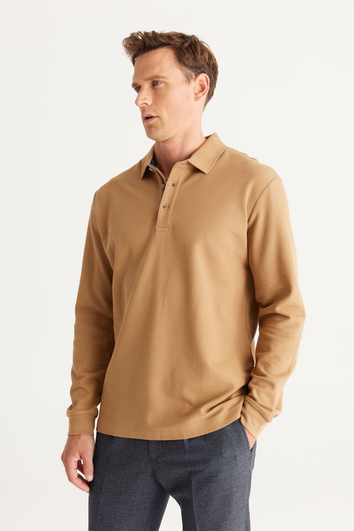 Men's Camel Slim Fit Slim Fit Polo Neck 100% Cotton Honeycomb T-Shirt