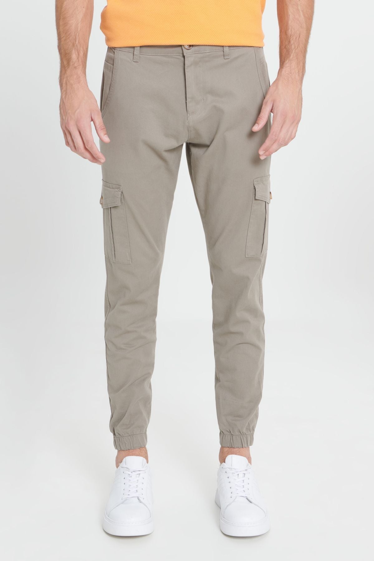 Men's Beige Slim Fit Slim Fit Cotton Stretch Pants With Cargo Pockets